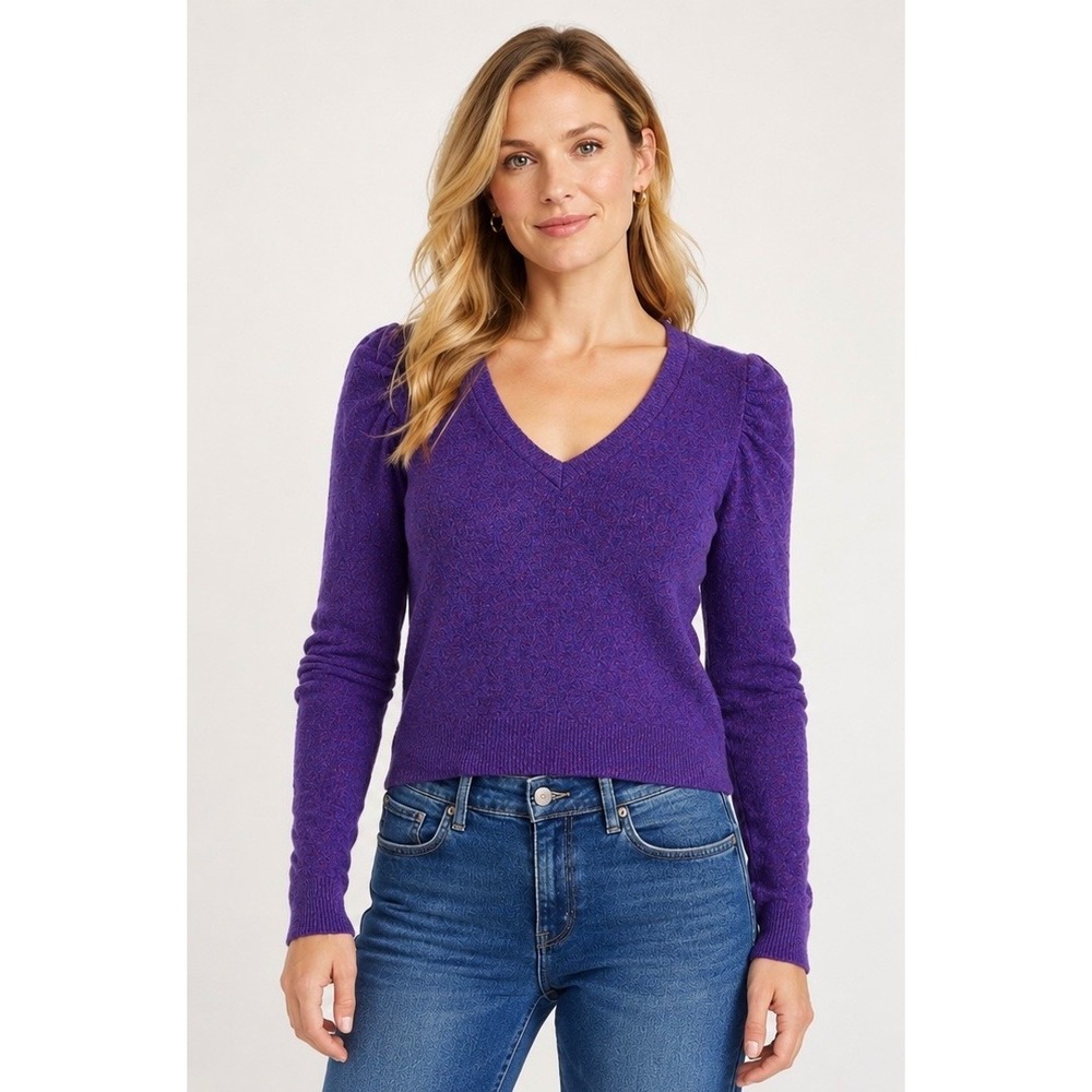 White House Black Market Purple Puff Shoulder V-Neck Wool Blend Sweater Small